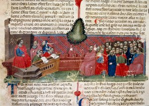 Jules Cesar (101-44 f.Kr.) på tronen Detalje af en manuskriptside "" Facts of the Romans"" (Ms 1538) omkring 1340 Firenze, Biblioteca Riccardiana af Unknown artist