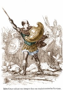 Julius Cæsar samler sine tropper i en kamp mod Nerviens - gravering af Unknown artist