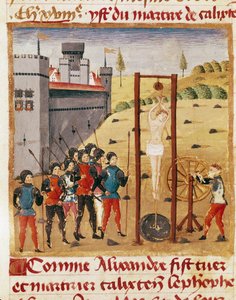 Kong Alexander den Store (356-323 f.Kr.) overværer henrettelsen af den ædle Calixten Cephobe ved at hænge""" Miniature taget fra "" Book of Facts of Alexander the Great""" af Quintus Curtius Rufus (1. århundrede) (ms 1335, fol. 167 v af Unknown artist