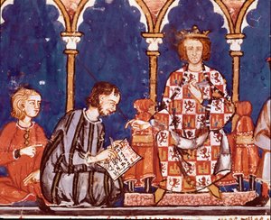 Kong Alfonso X den kloge mand hjælper med at skrive. Detalje af en miniature fra Bogen om skak, terninger og borde af Alfonso X den Vise (1221-1284). 1282. St. Lawrence af The Scorial. Det Kongelige Bibliotek af Unknown artist