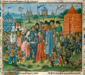 Kong Charles VI (1368-1422) overgav sin datter Isabella af Frankrig (1389-1409) til Richard II (1367-1400) konge af England før forsamlingen af franske og engelske Lords Miniature fra "Chronicles" af Jean Froissart (1337- 1400) 1400-tallets Paris. B.N. af Unknown artist