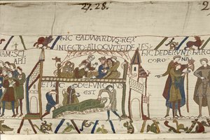 Kong Edward Bekenderen på sit dødsleje, Bayeux-tapet (uldbroderi på hør) af Unknown artist