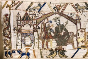 Kong Edward Bekenderen sender Harold til Normandiet, Bayeux Tapestry (uldbroderi på hør) af Unknown artist