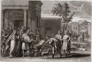 Rigsbibelen, Det Gamle Testamente: Abimelek straffet af Gud. Abimelek (Abimelek eller Ahimelek eller Ahimelek), konge af Gerar, der med magt har taget Sara (Sarah), Abrahams hustru, men som han troede kun var hans søster, bliver vildledt af Gud og giver he af Unknown artist