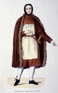 Ridder af Calatrava-ordenen. En gruppe religiøse og riddere forsvarede byen Calatrava i Spanien mod castilianerne i 1145 og 1158. Ordenen blev knyttet til Spaniens krone i 1523 med kongen som stormester. Indgravering af det 19. årh af Unknown artist