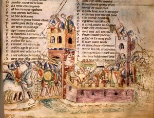 Riddere stormede et slot. 12. århundredes manuskript. Bibl. Marciana Venedig. af Unknown artist