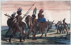 Korah Hottentots fra Kap på farten - gravering fra "" Skikke og traditioner for alle folk i universet. Det vil sige historien om regeringen, lovene, militsen, om alle nationers religion fra de fjerneste tider til i dag "1856 af Unknown artist
