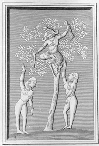 Krishna flyver med to gopis. indgravering i ""Ancient and Modern Monuments of Hindustan"" af L.M. Langles, Paris 1821. af Unknown artist