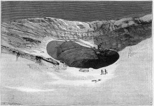 La Catastrophe de Saint-Gervais (Saint Gervais) eller katastrofen for Tete Rousse-gletsjeren (departement af Haute-Savoie) (12.-13. juli 1892) - Glacier de Tette-Rousse - indre hule og væg til at rive gletsjeren, gravering i " ”Naturen”” - 20. august af Unknown artist