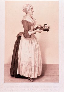 La Chocolatiere de Vienne: ung stuepige, der holder en bakke med en kop varm chokolade. Litografi af det 19. århundredes privatsamling af Unknown artist