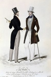 La Mode du 26 juillet 1834: (maskulin mode) jakkesæt - bukser casimir - Redingote med fløjlskrave - vest af piqué - bukser taupe skin og top hat. af Unknown artist