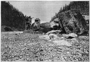 La catastrophe de Saint-Gervais (Saint Gervais) eller catastrophe du glacier de la Tete Rousse (department of Haute-Savoie) (12.-13. juli 1892) - Bains de Saint-Gervais efter katastrofen med de enorme blokke transporteret af åen, Indgravering i "" La Natur af Unknown artist