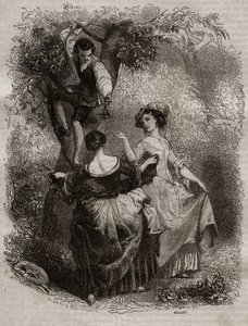 Plukke kirsebær - Illustration til skriftemål" af Jean-Jacques (Jean Jacques) Rousseau (1712-1778) - gravering af 1849 af Unknown artist