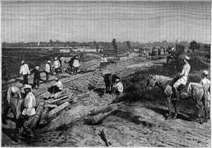 At lægge skinnerne til Transcapien-jernbanen. Indgravering i tidsskriftet "La jeunesse"" af Unknown artist