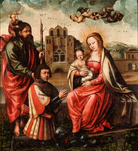 ""The Virgin of Christopher Columbus"" (The Virgin of Cristobal Colon) Madonna og barn med Christopher Columbus og Saint Christopher Anonym maleri 1540 - Olie på træ Dim 52x48 cm Museo Lazaro Galdiano, Madrid af Unknown artist