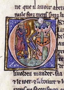 Lancelot på toppen af et tårn. Manuskript: Erobring af Saint Gréal, skrevet 717 år efter vor herres lidenskab. Bibliotheque Municipale de Rennes, frk. 255 (Samling af romaner af det runde bord); Paris af Unknown artist