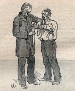Retlig antropometri eller bertillonnage, metode af Alphonse Bertillon (1853-1914): måling af langfingeren og venstre ringfinger - gravering i "" La Science francaise" af Unknown artist