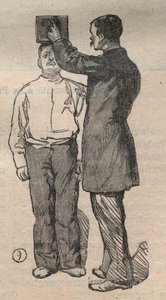 Retsantropometri eller bertillonnage, metode af Alphonse Bertillon (1853-1914): højdemåling - gravering i "La Science francaise"" af Unknown artist