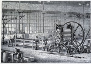 Stort valseværk til at reducere blokke af renset gummi til plader - i "" Industriens vidundere"" af Louis Figuier af Unknown artist