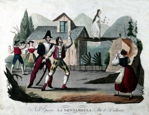 Sidste scene i 2. akt af "Le somnambule (La sonnambula") af Vincenzo Bellini. Stik fra 1835. af Unknown artist