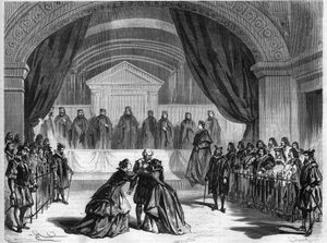 Sidste etape af teaterstykket "" Galilee", et treakters drama af Francois Ponsard, en fransk digter og dramatiker (1814-1867) spiller på det franske komedieteater i Paris. Gravering i "" L