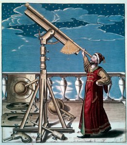 Astronomen: en mand ser stjernerne i den astronomiske ramme - Engraving du 17eme century - Paris, B.N. - Astronom: En mand ser på stjernerne i teleskopet - Gravering af Unknown artist