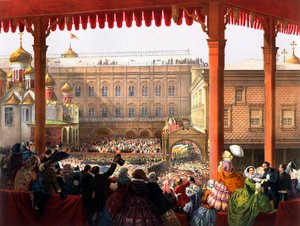 ""Kroningen af ​​kejser Alexander II (1818-1881) den 18.02.1855"" Udsigt over folkemængden - Anonym litografi af Unknown artist