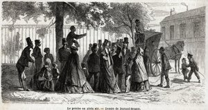 Le preche en plein air, i London, tegning af Durand Brager, for at illustrere En udflugt til Londons fattige kvarterer, i 1862, af L.Simonin. Indgravering i "" Le tour du monde"", redigeret af Edouard Charton af Unknown artist