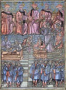 Le prevot des marchands et les echevins de Paris au 16eme århundrede gravering efter originalen fra 1528 - Provost for købmænd og rådmænd i Paris, scene for skatteopkrævning, titelblad fra 