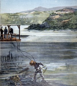 Dykkeren Paolo Pardi arbejdede på romerske både i Nemi-søen med Siebe-dykkeren i 1893. af Unknown artist