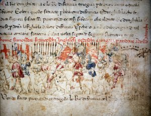 Liga af franskmænd, englændere, tyskere og ungarere mod tyrkerne i 1391 - i "" Croniche del Sercambi"", omkring 1400. Nationalarkiv, Lucca. af Unknown artist