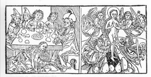 Til venstre: Den hellige Maria Magdalene tørrer Jesu fødder med sit hår. Til højre: Sankt Maria Magdalena stiger op til himlen. Manuskript fra 1488 trykt i Nürnberg. Gravering fra "Leben der Heiligen - sommerteil" (Helgenbogen) af Jacobus (James) af Vora af Unknown artist