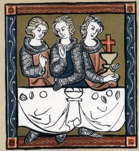Legend Arthurian: Galahad (Gaalad eller Galaad), Perceval og Bohort (Bors eller Borrt) med den hellige gral. I "History of French Literature" af Hermann Suchier af Unknown artist