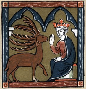 Legend Arthurian: Merlins metamorfose i hjorte med fem skove besøger Jules Cesar. I "History of French Literature" af Hermann Suchier af Unknown artist