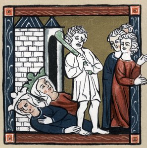 Legend Arthurienne: Lancelot du lac leverer Dronning Guenievre og hendes ven af ​​slottet, der falder, besvimede, og indbyggerne flygter. I "History of French Literature" af Hermann Suchier af Unknown artist