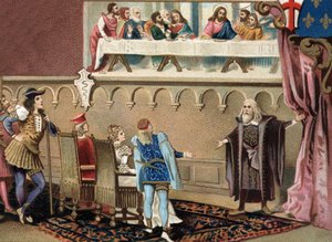 Leonard de Vinci (1452 - 1519) (Leonardo da Vinci) viser sin fresko "" Den Hellige Cene"" til Ludovic Sforza dit The More, hertugen af Milano (Ludovico Sforza ved refektoriet Santa Maria delle Gracie i Milano. af Unknown artist