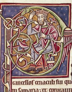 Lettrine P dekoreret af repræsentationen af kongen af landet Moab Miniature from a Bible (Ms 3088) Coimbra fra det 12. århundrede, universitetets bibliotheque af Unknown artist