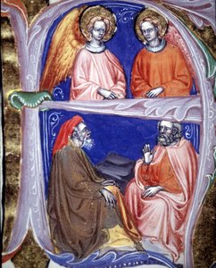 Lettrine, der repræsenterer engle og filosoffer, der diskuterer - i De civitate dei de St Augustine. 14. århundredes manuskript. Kommunal Bibl. af Rimini. af Unknown artist