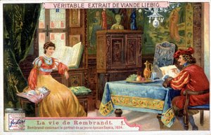 Liebig-kromolitografi om Rembrandts liv (1606 - 1669), hollandsk maler. Her tegner portrættet af sin unge kone Saskia i 1654. af Unknown artist