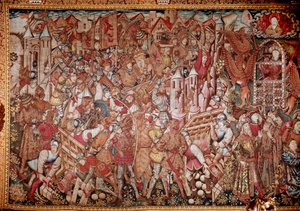 Alexander den Stores (356-323 f.Kr.), konge af makedonsk, liv og bedrifter. 1400-tals gobelin. Rom, Galleria Doria Pamphili af Unknown artist