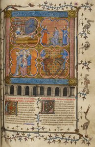 Julius Cæsars liv: fire miniaturer, der viser hans fødsel, skilsmisse, pontifikat og kamp med Pompejus; tekst med dekorerede initialer og kant med fugle og grotesker. af Unknown artist