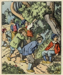 Lille Poucet og hans brødre tabt i skoven forladt af deres forældre. Illustration af fortællingen "" Le Pepetit Poucet"" af Charles Perrault af Unknown artist