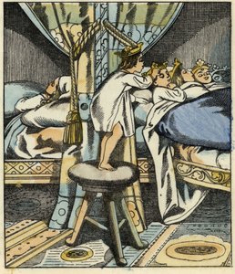 Lille Poucet sætter kronerne af troldens syv døtre på hovedet af sine brødre. Illustration af fortællingen "" Le Petite Poucet"" af Charles Perrault af Unknown artist