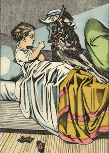 Rødhætte spørger ulven: "Bedstemor, da du har store tænder." Illustration af fortællingen "Den Lille Rødhætte" af Charles Perrault af Unknown artist