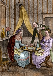 Lille middag. Olympe de Gouges (1748-1793), fransk kvinde med bogstaver og revolutionær med Celine en af hendes venner. i "" Conseils a ma fille "" af Jean Nicolas Bouilly (1763-1842). 1820. Privat samling. af Unknown artist