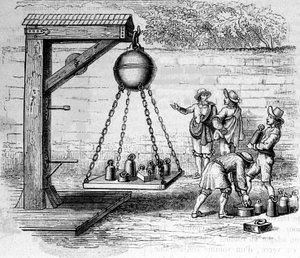 Indlæser Magdeburg halvkugler suspenderet for at beregne atmosfærisk tryk - i "Ottonis de Guericke: Experimenta Nova Magdeburgica de vacuo spatio"" af Otto von Guericke (Otto de Guericke af Unknown artist