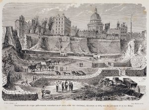 Placering af det gallo-romerske cirkus, der går tilbage til det 3. århundrede før den kristne æra, opdaget i 1870 under boringen af Rue Monge af Unknown artist