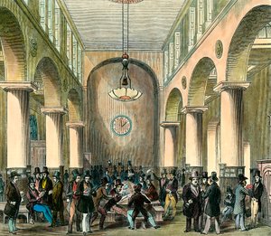 London Stock Exchange: Børs i London i det 19. århundrede. Gravering. Privat samling. af Unknown artist