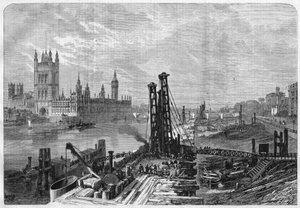 London, konstruktion af dokker på den sydlige bred af Themsen, overfor den administrative by Westminster på nordkysten. I “” L