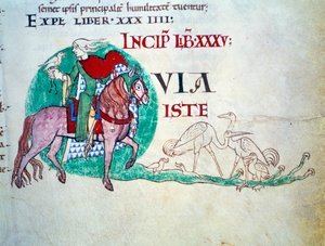 Herren har falkejagten. Miniature af middelalderen. Manuskript "Moralia in Job"" fra Citeaux Abbey for Gregoire Pope I af Unknown artist
